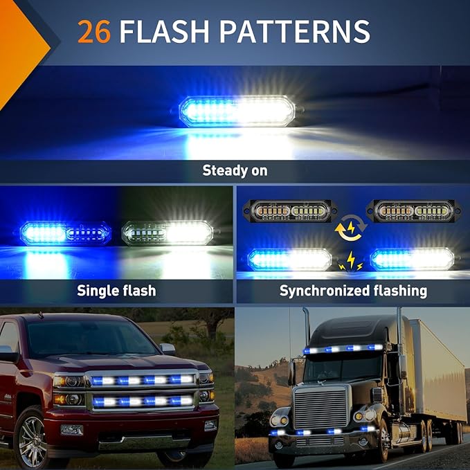 Nilight 8PCS Led Strobe Lights 12LED Blue White Emergency Light 12V 24V Surface Mount Flashing Warning Hazard Beacon Ultra Slim Sync Feature Mini Grille for Cars Trucks Off Road Vehicles SUV
