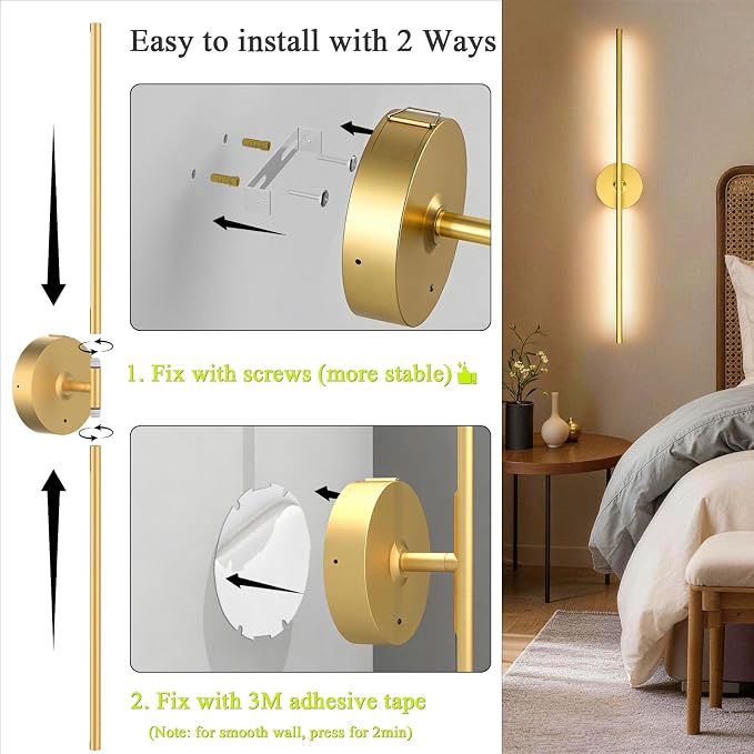 Battery Operated Wall Sconce Set of Two: Gold Wireless Rechargeable Wall Light with 10000mAh Detachable Battery and Remote, 360° Rotatable Scone Wall Decor for Bedroom Hallway Bathroom, 31.5inch