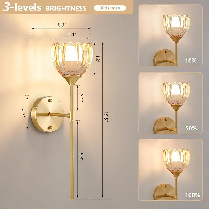 Vintage Battery Operated Wall Sconce Set of 2, Amber Tulip Glass Lampshade Wireless 5300 mAh Rechargeable Battery Powered LED Wall Light with Remote Dimmable for Bedroom Bathroom Living Room