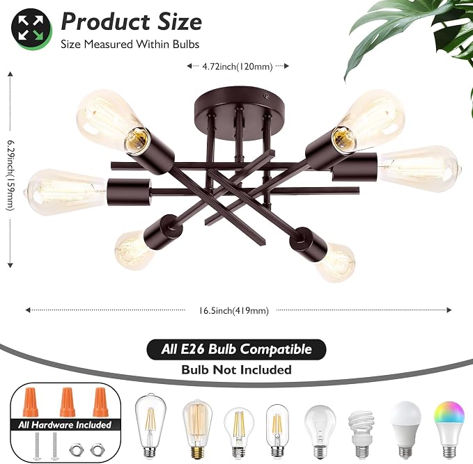 6-Light Semi Flush Mount Ceiling Light Fixture, Modern Industrial Sputnik Ceiling Light, E26 Close to Ceiling Light for Kitchen, Bedroom, Dining Room, Living Room, Hallway, Brown