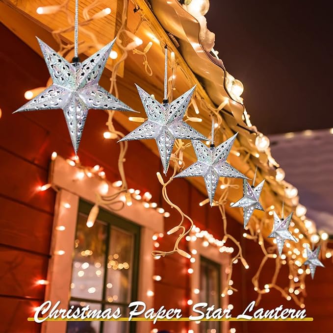 Zhanmai 10 Pcs Large 3D Silver Paper Star Lantern with 10 LED Lights 11.8 Inch 5 Point Hollow Hanging Paper Star Lampshade Decoration Light Lanterns for Wedding Birthday New Year Party Home Decor