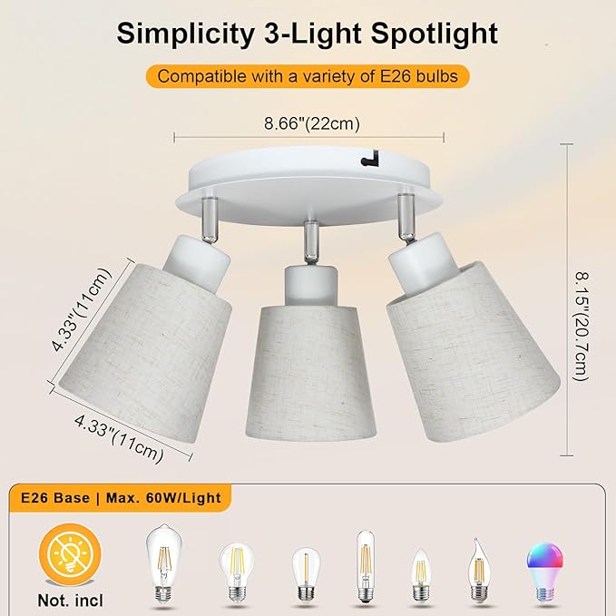 LTBLIGHT 3-Light Ceiling Track Light, White Modern Adjustable Spotlight with Linen Shade, Track Lighting Fixture for Dinning Room Study Room Rental Friendly, E26 Base (Bulbs Not Included)