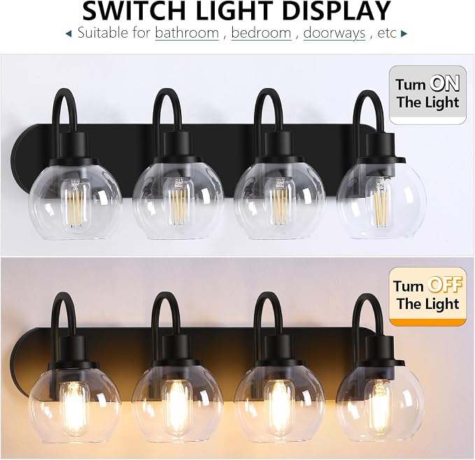 Dpyrrhic Industrial Bathroom Vanity Light， 4-Light Bathroom Lights Over Mirror with Clear Glass Globe Shade and Metal Base, Matte Black Bathroom Vanity Light Fixture