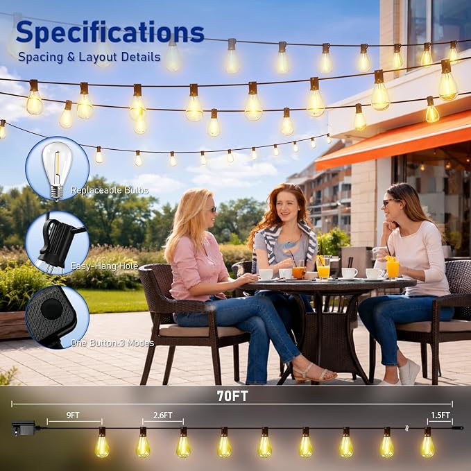 70FT Outdoor String Lights with Remote & Dimmable, 24+1 Shatterproof Waterproof Bulbs, Dimmable Outside Hanging Patio Lights for Backyard, Porch, Deck, Garden 2700K Warm White