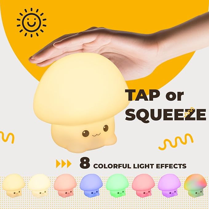 LED Squishy Animal Night Light - 2 Level Dimmable Nursery Lamp, Rechargeable Touch Lamp, Cute Dorm Decor, Small Boys Girls Gift (Cartoon Mushroom)