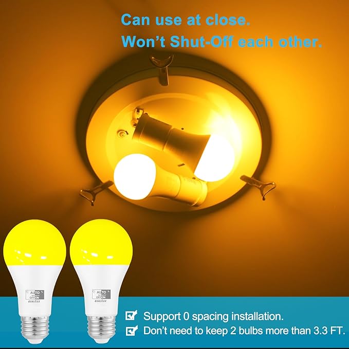 Dusk to Dawn Light Bulbs, Auto On/Off Light Sensing LED Bulbs Outdoor, Amber Yellow Bug Light, A19 2-Pack, 12W 800LM 60W Equivalent, HQ-H019