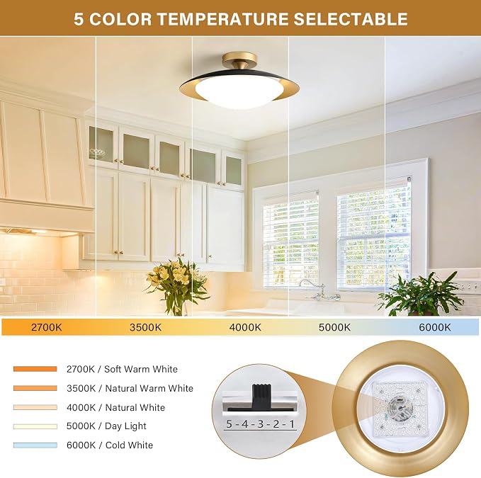 Dimmable Modern Mid-Century LED Ceiling Light, Black and Gold, 15.7 Inch | Semi Flush Mount Ceiling Light, 5CCT 2700K-6000K Lighting Fixtures with Glass Shade for Bedroom Kitchen Living Room