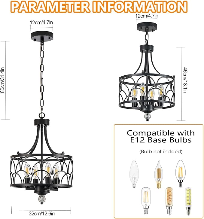 4 Light Chandelier, Black Farmhouse Light Chandelier Fixture, Industrial Adjustable Ceiling Lighting E12 Base for Kitchen Island, Bedroom, Entrance, Dining Room, Indoor
