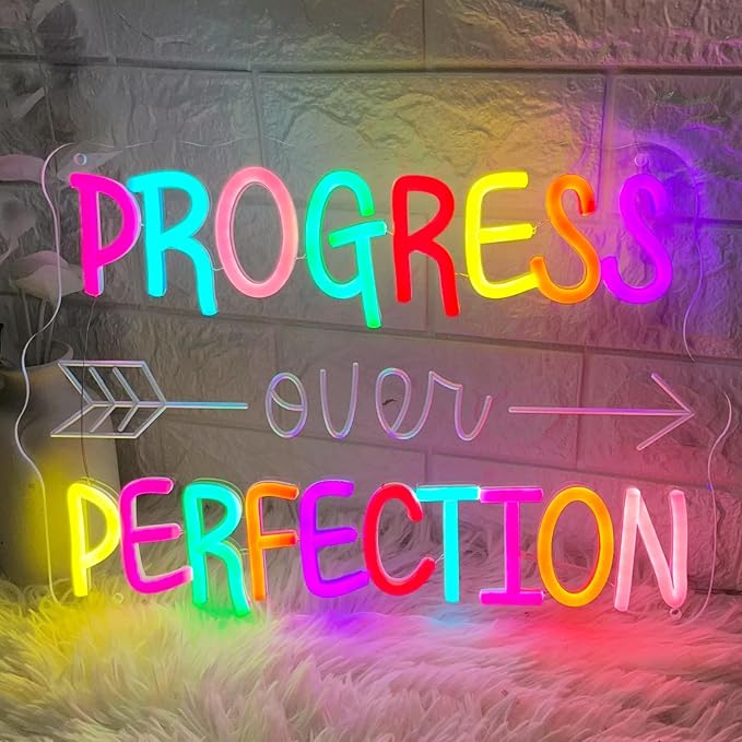 Progress Over Perfection Neon Sign, LED Neon Light Signs for Wall Decor Dimmable Inspirational LED Light Up Sign for Classroom Office Bedroom Library Study Room Kids Room Decorations