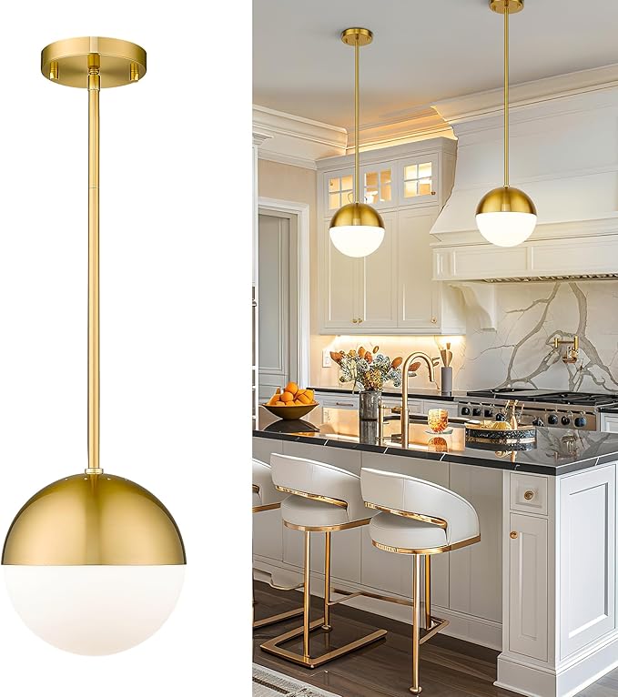 Modern Pendant Lighting Gold Globe Pendant Light Fixture, Mid Century Chandelier One Light Hanging Fixture for Kitchen Island, Adjustable Indoor Lighting for Dinning Room Bedroom, LMS-187