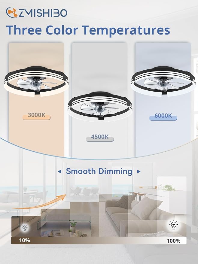ZMISHIBO Low Profile Ceiling Fans with Lights and Remote, 20" Black | 3000K-6000K Dimmable Fandelier LED, Flush Mount, 6 Wind Speeds, Reversible, Timer, Bedroom, Living Room, Kitchen, Kids Room