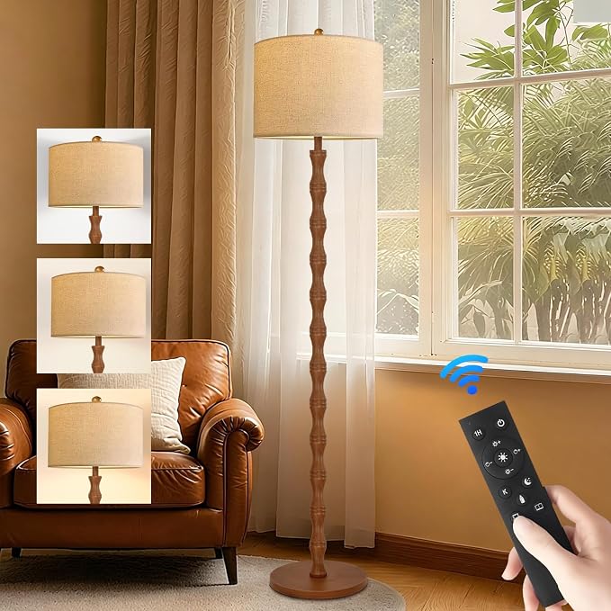ILLMTW Wood Floor Lamp for Living Room,Bedroom,Vintage Farmhouse Mid Century Standing Lamp with Remote,Dimmable Rustic Industrial Tall Lamp Retro Floor Light Boho Bohemian