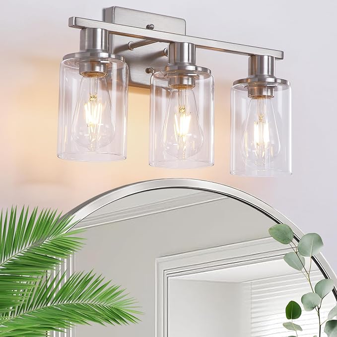 Brushed Nickel Bathroom Light Fixtures Over Mirror,3-Light Bathroom Vanity Light with Clear Glass Shade,Modern Farmhouse Wall Sconces Lighting for Mirror Kitchen Living Room Cabinet
