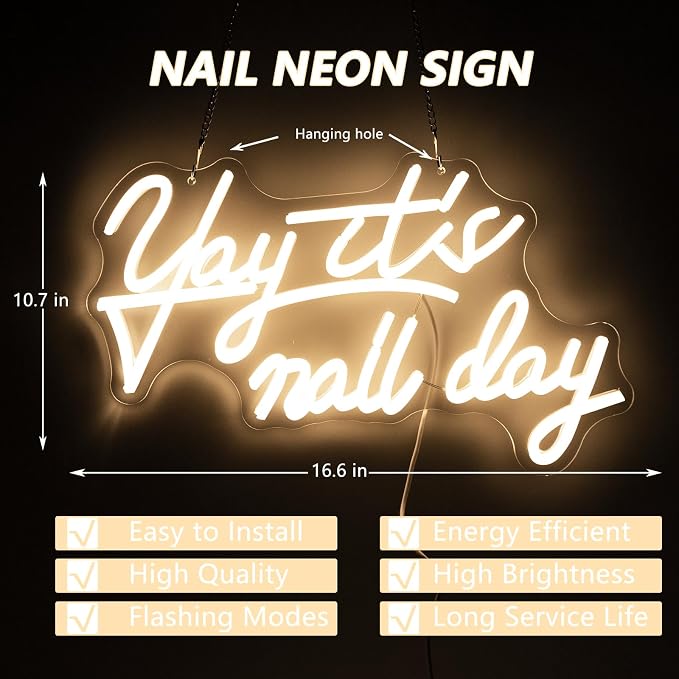 Yay It's Nail Day - White Neon Sign for Wall Decor, LED Salon Nail Tech Decor Aesthetic Light Gift
