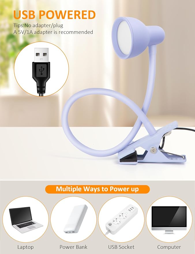 Clip on Lamp USB Reading Light, 3 Color Modes Purple | 10 Brightness Dimmable, Flexible Gooseneck Desk Lamp with Clamp, Eye Care Clip on Light for Bed Headboard Desk Home Dorm