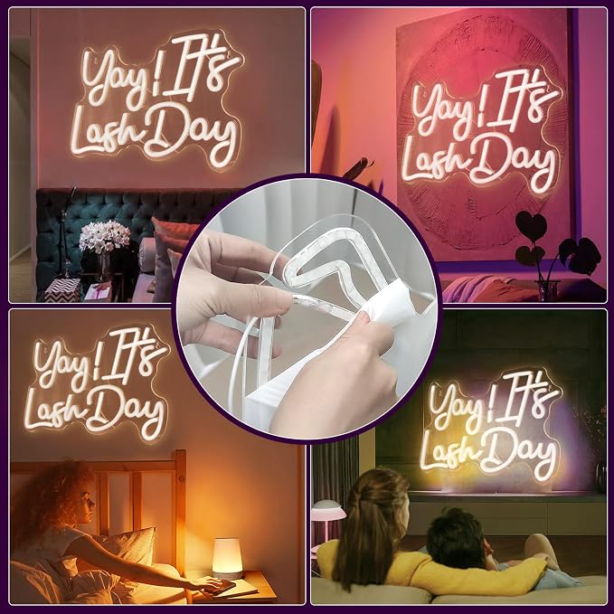 JEDAEMEN Yay It's Lash Day Neon Signs for Wall Decor Warm White LED Sign | Lash Neon Lights Led Light for Girls Beauty Makeup Room Decor Light Up Sign for Party Lash Salon Decoration USB Powered