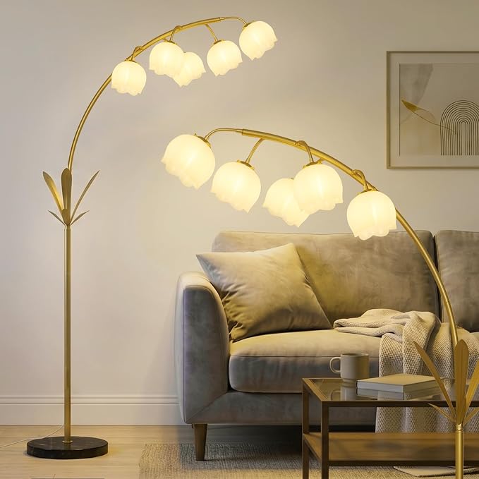 HMVPL Gold Floor Lamp for Living Room, Flower Floor Lamp with 5 G9 LED Bulbs, Foot Switch, Arc Tall Lamp with Acrylic Shade, Marble Base, Mid Century Standing Lamp for Living Room Corner Bedroom Home
