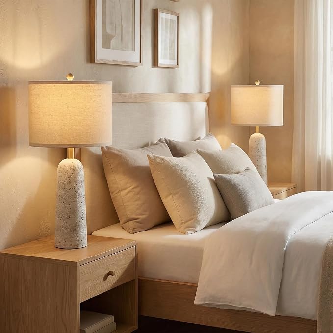 BOBOMOMO 27.25" Modern Table Lamp Set of 2, White Resin Table Lamps with Stone Look, Lamps for Living Room with Linen Shades, Bedside Lamps for Bedroom, Nightstand, Entryway