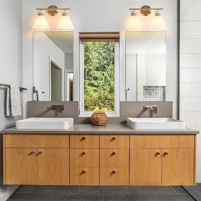WOSHITU Gold Bathroom Light Fixtures: Modern Vanity Lighting Fixtures 2 Lights for Bathroom Mid Century Vanity Light Sconces Over Mirror with Frosted Milky Glass for Bath Bedroom Makeup