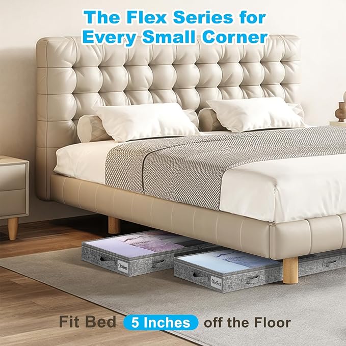 5 Inch Low Profile Under Bed Storage Drawer 2 Pack, Lightweight Underbed Clothes Storage Container Bins With NO STURCTURE, Shallow Storage Bag for Dorm & Home, With Clear Lids & Water-Resistant Fabric