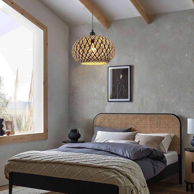 Island Pendant Light Black Natural Hand-Woven Bamboo Pendant Lights 1-Light Boho Light Fixtures Farmhouse Rustic Hanging Lamp for Living Room Dining Room Bedroom