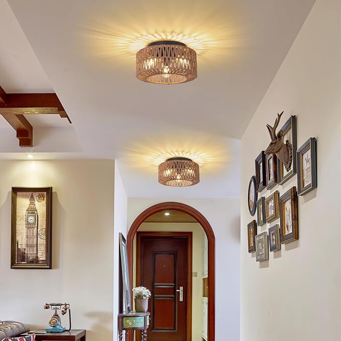 PAUFUL Boho Light Fixture，3-Light Farmhouse Rattan Light Fixtures Ceiling Mount，Flush Mount Ceiling Light with Hand-Woven Shade，Modern Chandelier for Living Bedroom Entryway Kitchen Nursery