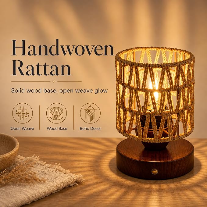 Cordless Operated Rattan Lamp, 5000mAh Rechargeable Dimmable Handwoven Open Weave Drum Table Lamp with Edison Bulb, Boho Nightstand Light for Bedroom Home Decor