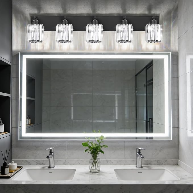 Black Crystal Bathroom Vanity Light, 5-Light Modern Bathroom Lighting Fixtures Over Mirror, Matte Black Wall Sconce Light Fixtures with Round Shade