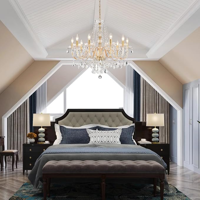 Large Crystal Chandelier, Modern Gold Crystal Chandeliers for Dining Room Light Fixture, 10-Lights Large Gold Pendant Light Fixtures Luxury Chandelier for Living Room Bedroom Foyer Entryway D26.8''