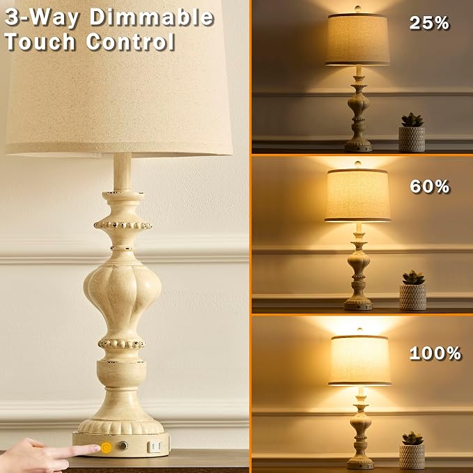 SAIWEYA 27.5" Farmhouse Table Lamps Set of 2, 3 Way Dimmable Touch Lamps | Touch Control, Dimmable, USB C+A Ports & AC Outlet, Bulbs Included, Bedside Nightstand Lamp for Living Room, Bedroom