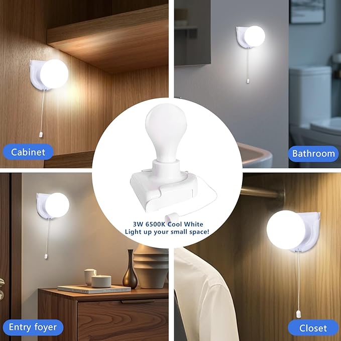 Stick-Up Light Bulb for Closet, 2Pack Battery Operated LED Light Bulb with Pull Chain, Wireless Self Adhesive Wall Mounted Lamp Fixtures for Cabinet Bedroom Living Room Kitchen, Milk White