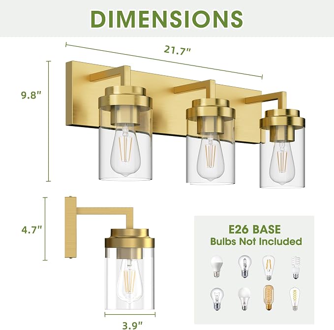 Bathroom Lighting Fixtures, 3-Light Bathroom Vanity Lights Over Mirror, Brass Vanity Light with Glass Shade, Modern Vanity Lighting Fixtures for Bedroom, Hallway