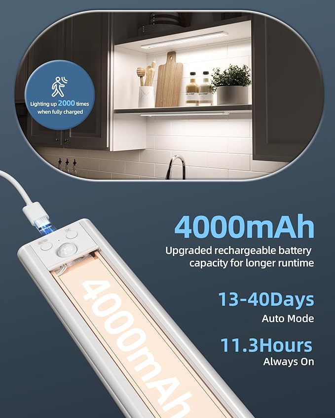 17" Under Cabinet Lights, Motion Sensor Light, Wireless Closet Lights, 4000mAh Rechargeable, Magnetic, 5 Levels Dimmable, 62 LEDs Super Bright Under Counter Lights for Kitchen (2 Pack)