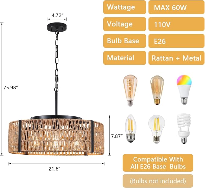Large Farmhouse Rattan Chandelier, 5-Light 21.6”Boho Chandeliers Light Fixture with Rustic Wicker Hand Woven Pendant Light for Living Room,Kitchen Island Bedroom(E26 Bulbs Not Included)