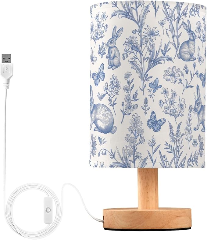 Blue French Style Rabbit Table Lamp for Bedroom USB Port Lamps Small Accent Table Lamp Nightstand Lamp Study Linen Shade with Wooden Base, Decorative Lamps for Bedside Reading|Kids|Dorm|Home