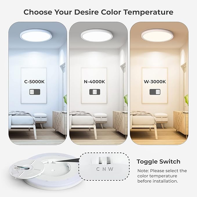 Matane 12 Inch LED Flush Mount Ceiling Light Fixture with Night Light, 24W 2400LM 3000K/4000K/5000K Selectable, Dimmable LED Ceiling Lights for Bedroom, Dining Room, Kitchen, Round White