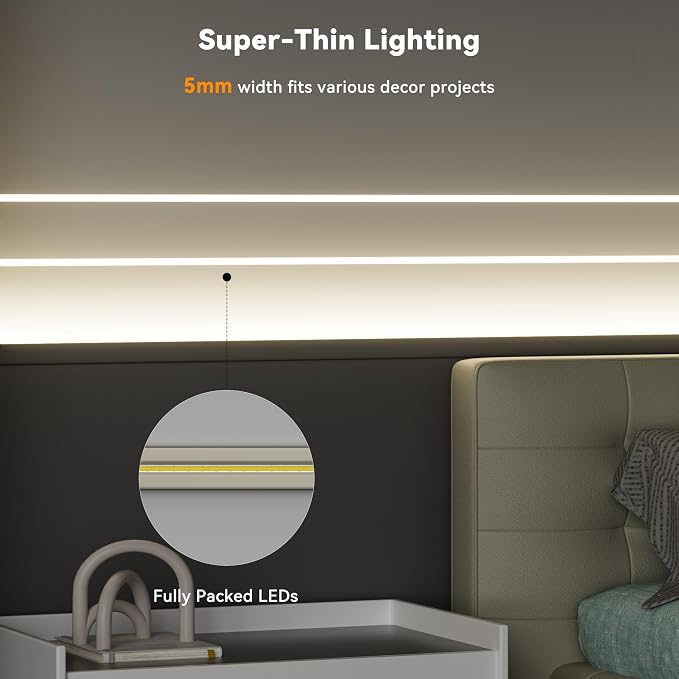 PAUTIX 5mm COB LED Strip Light 16.4ft/5m 4000K Natural White 504 LEDs/m,5000lm CRI90+ Super Bright DC24V Flexible LED Tape for Cabinet Home DIY Lighting Projects(Power Supply Not Included)