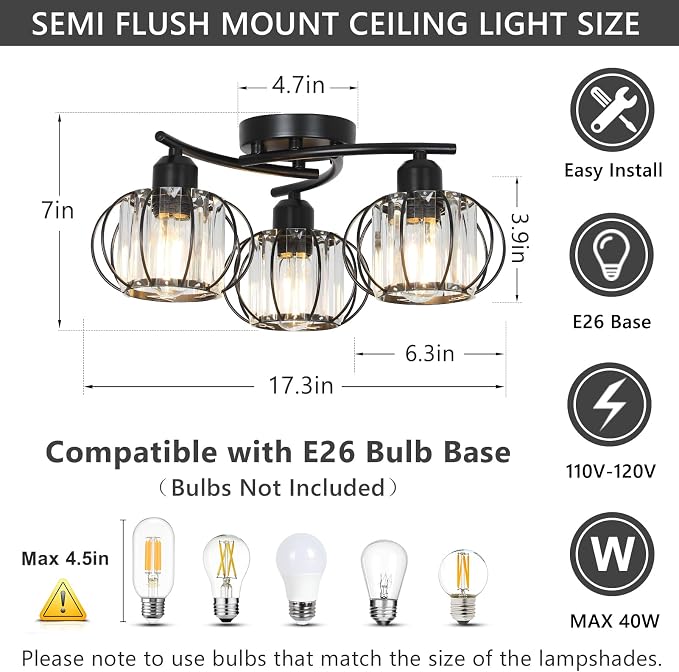 PAUFUL 3-Light Crystal Semi Flush Mount Ceiling Light,Black Modern Close to Ceiling Light Fixtures,Kitchen Light Fixtures with Clear Crystal Shade,Hallway Light Fixtures for Hallway Bedroom Bathroom
