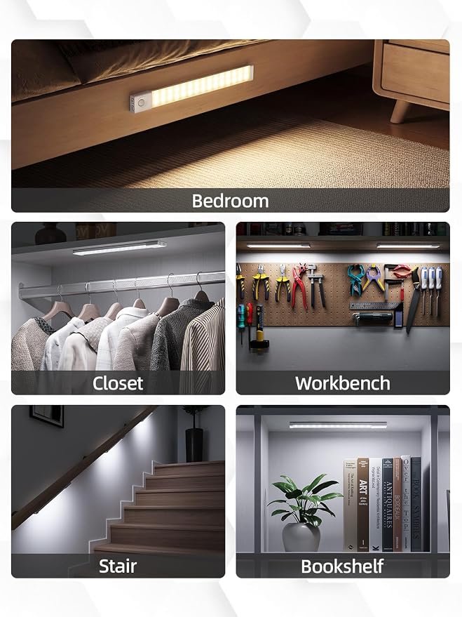 EZVALO Under Cabinet Lighting with Charging Station, 11.8'' Motion Sensor Light Indoor, 1500mAh Rechargeable LED Light, 3 Color Temperatures, Dimmable Counter Lights for Kitchen, Closet, Stair (3Pack)