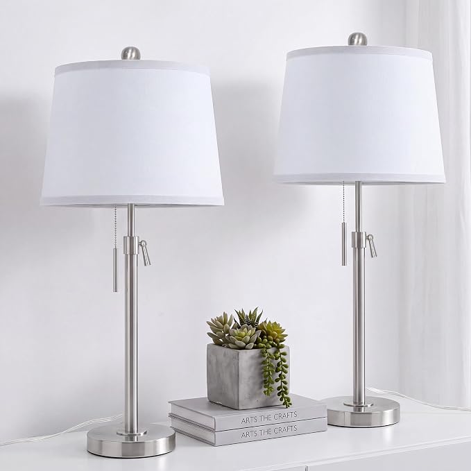 Brushed Nickel Modern Table Lamps Set of 2 Adjustable Height 22" to 30" Silver Nightstand with White Linen Shade 3 Brightness Way Pull Chain Switch Bedside Lamps for Living Room Office(Bulbs Included)