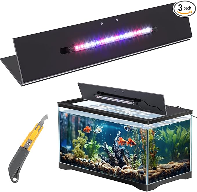 Sieral Aquarium Lids Polycarbonate Canopy with LED Light 19.37 x 9.37 x 0.12 Inch for 10/20 Gallon Without Center Brace Aquariums Cover Fish Tank Lid with a Hook Knife, Black