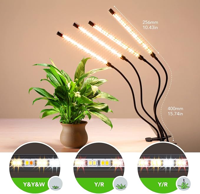 Grow Lights for Indoor Plants, 4 Heads Full Spectrum with Timer | 2 Pack,10ft long USB cable, auto on/off 3/9/12H timer, 10 dimmable brightness, for succulents, herbs & seedlings