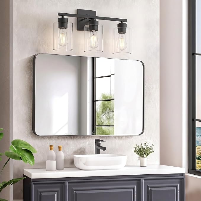 Matte Black Bathroom Vanity Light, 3-Light Vanity Lighting fixtures Over Mirror, Round Design & UL Certification, Wall Sconces with Clear Glass Shades, E26 Socket (Bulbs Not Included)