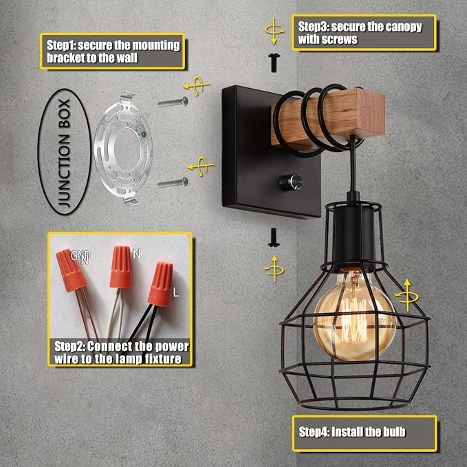 Lightess Set of Two Black Cage Farmhouse Wall Sconces with Dimmer Switch | Metal Cage Frame Adjustable Brightness Wall Mount Light Dimmable Rustic Industrial For Kitchen Living Room Indoor Decor