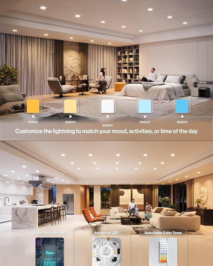 Sunco 120 Pack 6 Inch LED Recessed Light Retrofit, Can Lights for Ceiling, 1700 LM High Brightness, Selectable CCT 2700K/3000K/4000K/5000K/6000K, 17W=120W, Dimmable, Baffle Trim, Damp Rated UL