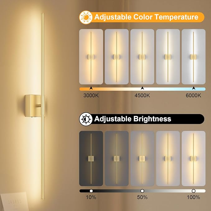 Battery Operated Wall Sconce, 3000K-6000K Dimmable Gold Wall Lights with Remote Control, Timable LED Wireless Wall Sconces, 350° Ratate for Bathroom, Living Room, Hallway 39.4 Inch 1 Pack