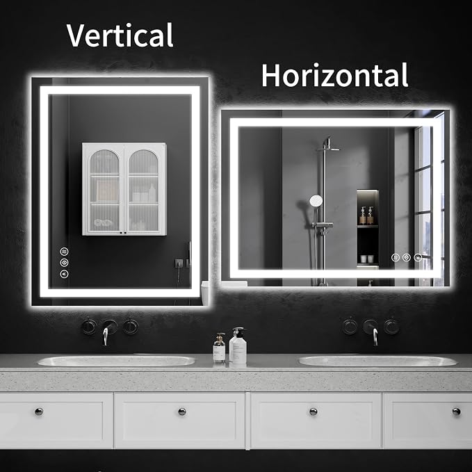 LED Bathroom Mirrors 28"x36" Bathroom Mirror with Lights for Wall, Backlit + Front Lit, 3 Colors, Anti-Fog, Dimmable Brightness for Vanity,Bathroom, Entryway, Living Room