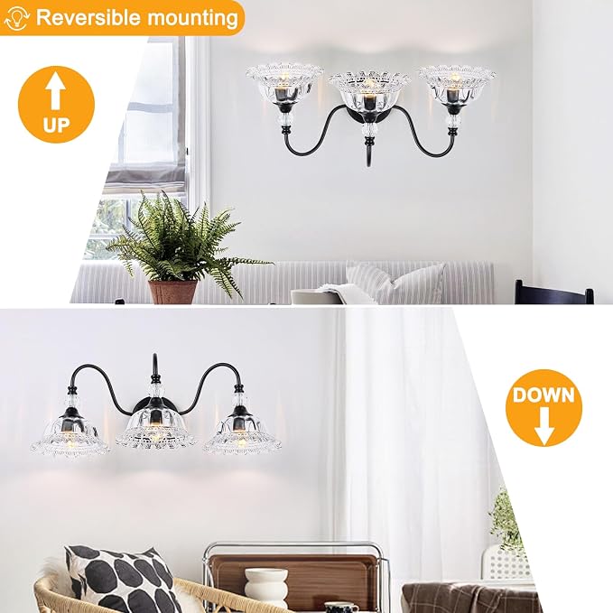 Vintage Bathroom Vanity Light Fixtures 3 Lights Matte Black Vanity Lights for Bathroom with Floral Crystal Glass Shades Wall Lighting Fixtures Over Mirror(Exclude E26 Bulb)