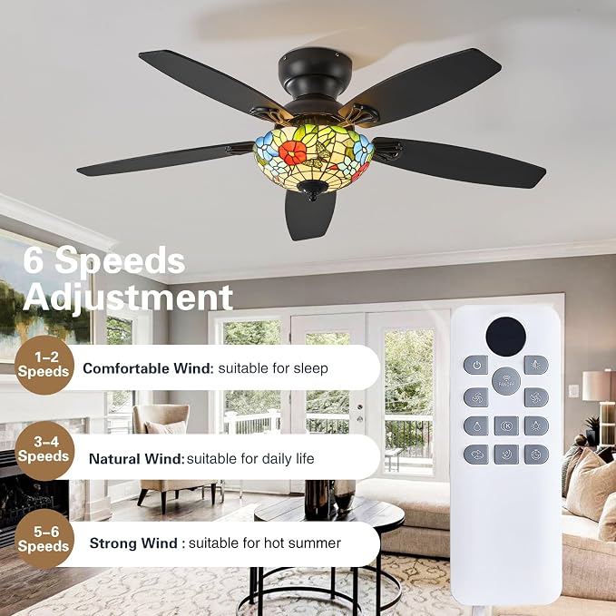 Tiffany Ceiling Fans with Lights-48"Ceiling Fan Chandelier and Glass Shade | 48" Ceiling Fan Chandelier with 5 Dual-Blades and Glass Shade, 6 Speeds and Reversible, Indoor and Outdoor, Retro Style