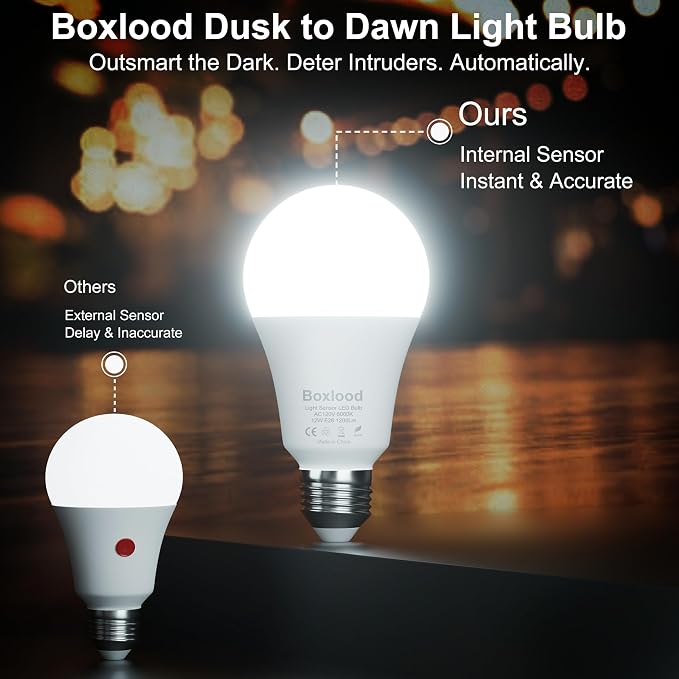 Boxlood Dusk to Dawn LED Outdoor Light Bulb, 12W Supper Bright A19 Dusk to Dawn Light Bulbs, Auto on/Off Photocell Automatic for Indoor Outdoor, 6000K, 6 Pack